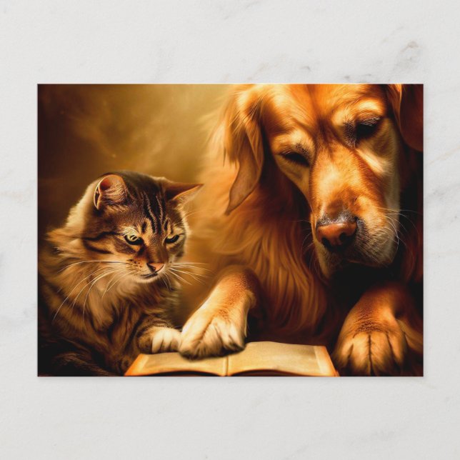 Katze und Hund lesen ein Buch Postkarte (Vorderseite)