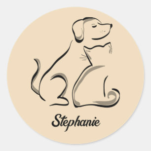 Katze und Hund mit Personalisiertem Namensaufklebe Runder Aufkleber