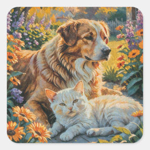 Katze und Hund Quadratischer Aufkleber