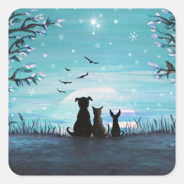 Katze und Hunde Winterabend Quadratischer Aufkleber (Vorderseite)