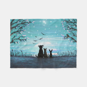 Katze und Hunde Wintersonnenuntergang Fleecedecke
