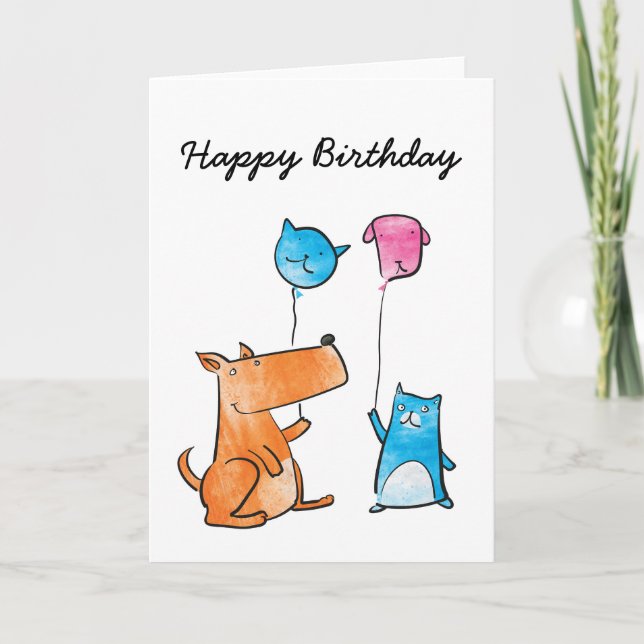 Katze und Hundeballon Geburtstagkarte Karte (Vorderseite)