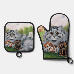 Katze und ihre Kätzchen, Louis Wain Ofenhandschuh & Topflappen-Set