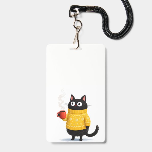 Katze und Kaffee-Abzeichen Ausweis (Vorderseite mit Lanyard)