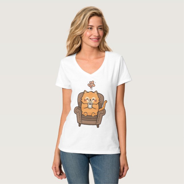 Katze und Kaffee T-Shirt (Vorderseite Vollansicht)