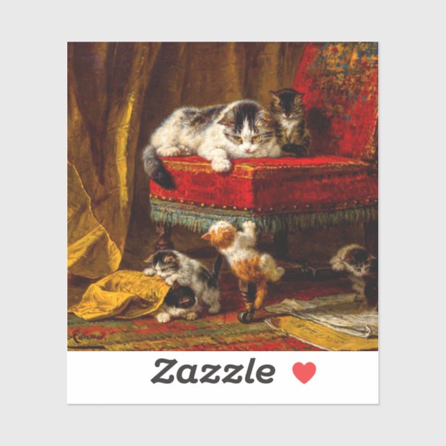 Katze und Kätzchen spielen mit Stuhl Aufkleber (Blatt)