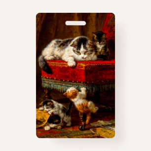 Katze und Kätzchen spielen mit Stuhl Ausweis