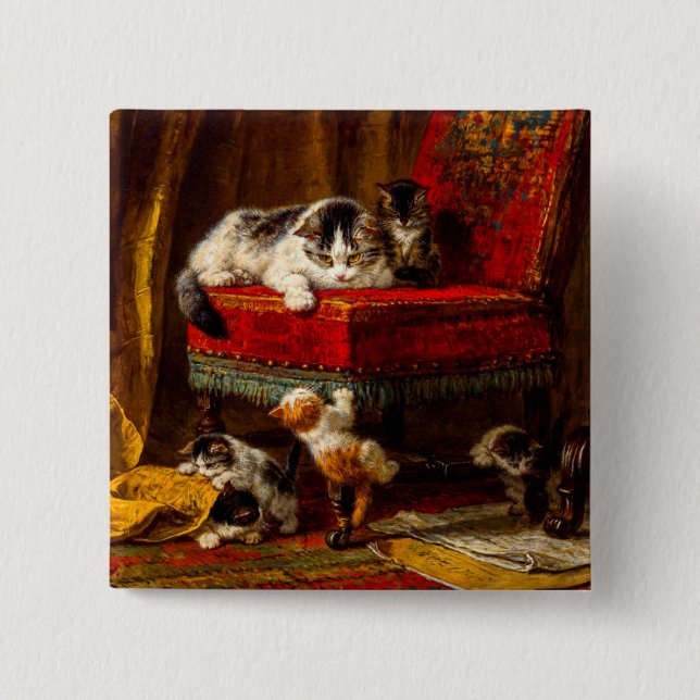 Katze und Kätzchen spielen mit Stuhl Button (Vorderseite)