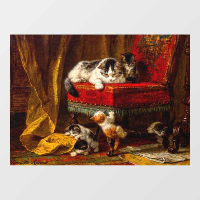 Katze und Kätzchen spielen mit Stuhl Fensteraufkleber (Blatt)
