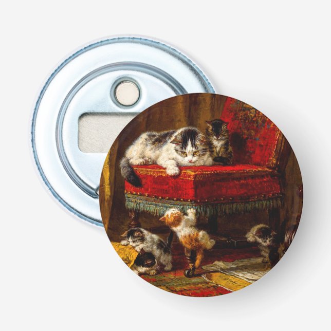 Katze und Kätzchen spielen mit Stuhl Flaschenöffner (Vorderseite)
