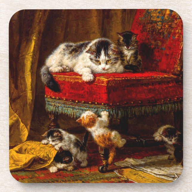 Katze und Kätzchen spielen mit Stuhl Getränkeuntersetzer (Vorderseite)