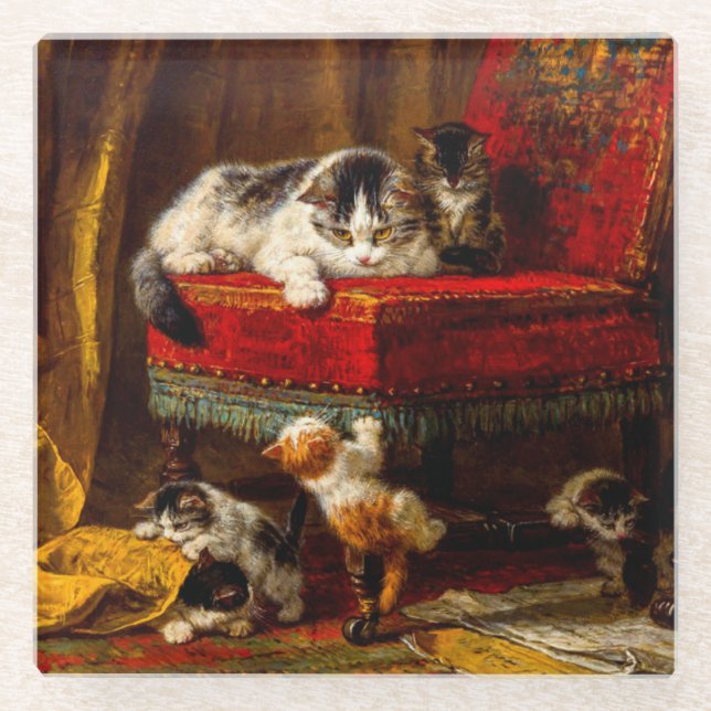 Katze und Kätzchen spielen mit Stuhl Glasuntersetzer (Vorderseite)
