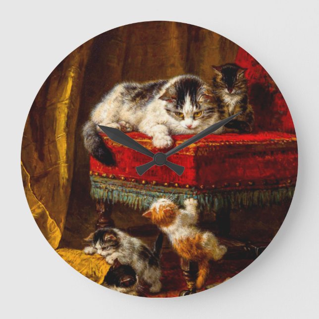 Katze und Kätzchen spielen mit Stuhl Große Wanduhr (Vorderseite)