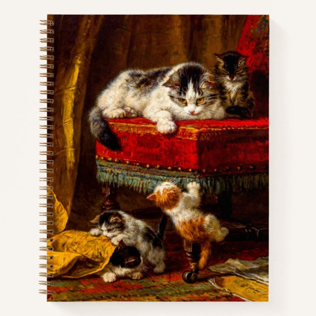 Katze und Kätzchen spielen mit Stuhl Notizbuch (Vorderseite)