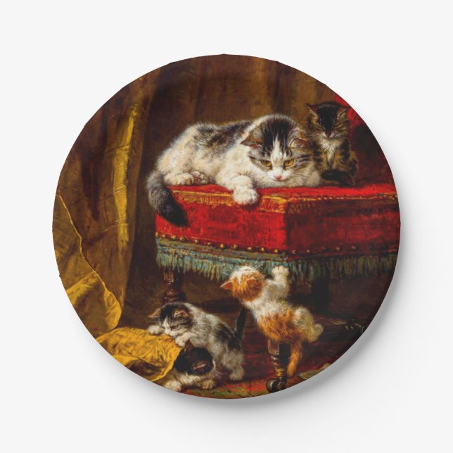 Katze und Kätzchen spielen mit Stuhl Pappteller (Vorderseite)