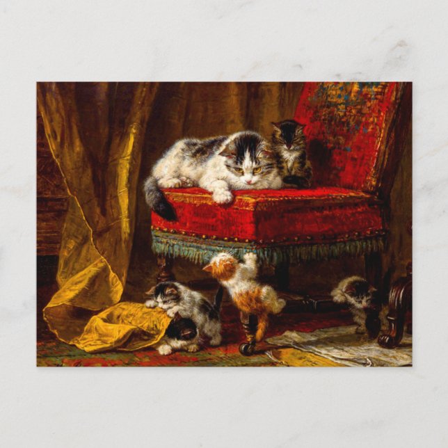 Katze und Kätzchen spielen mit Stuhl Postkarte (Vorderseite)