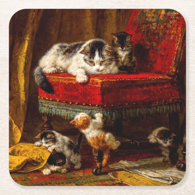 Katze und Kätzchen spielen mit Stuhl Rechteckiger Pappuntersetzer (Vorderseite)
