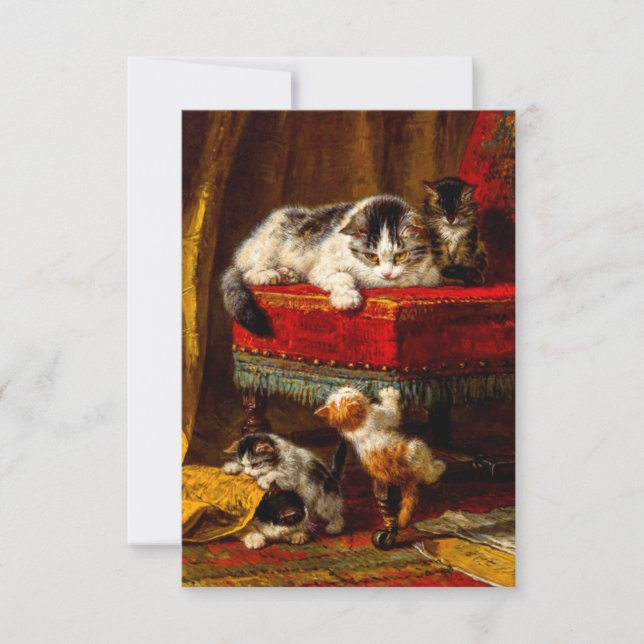 Katze und Kätzchen spielen mit Stuhl RSVP Karte (Vorderseite)
