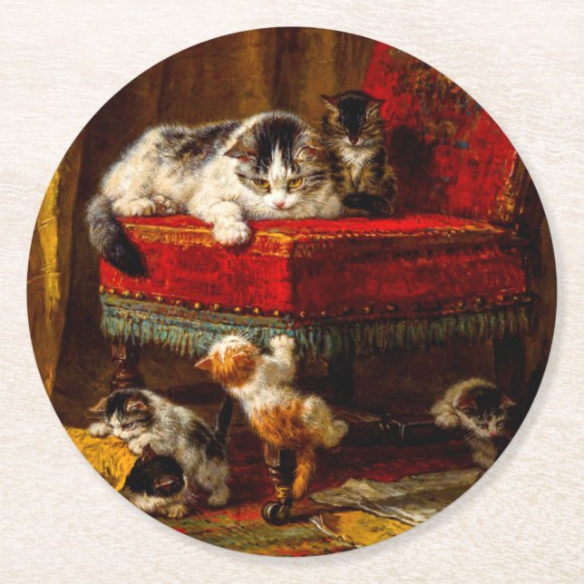 Katze und Kätzchen spielen mit Stuhl Runder Pappuntersetzer (Vorderseite)