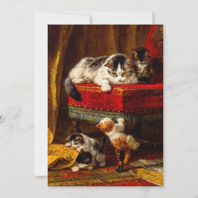 Katze und Kätzchen spielen mit Stuhl Save The Date (Vorderseite)