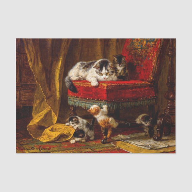 Katze und Kätzchen spielen mit Stuhl Seidenpapier (Vorderseite)