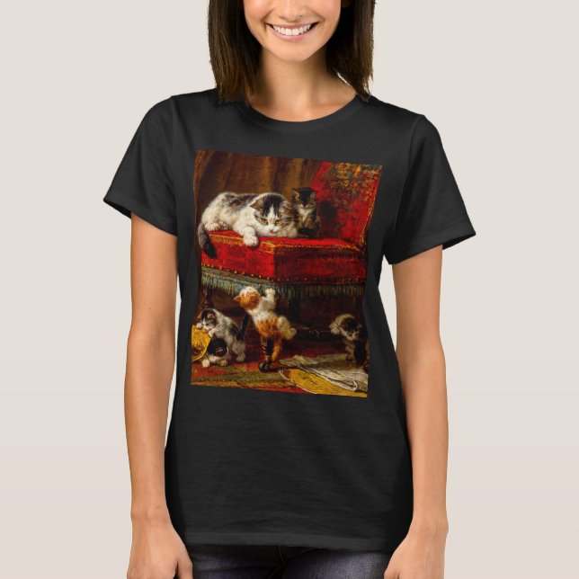 Katze und Kätzchen spielen mit Stuhl T-Shirt (Vorderseite)