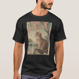 Katze und Kirschblütenbaum Japanische Holzschnitt- T-Shirt
