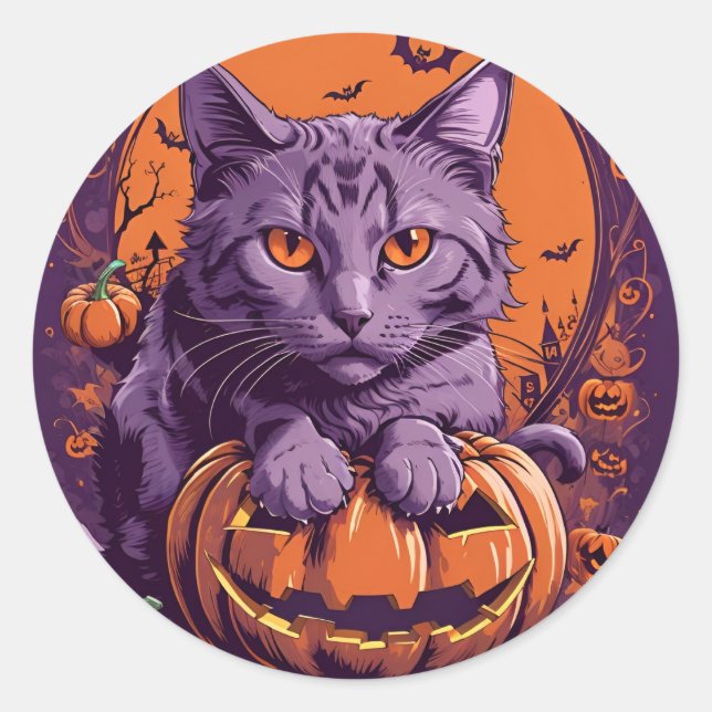Katze und Kürbis Runder Aufkleber (Vorderseite)