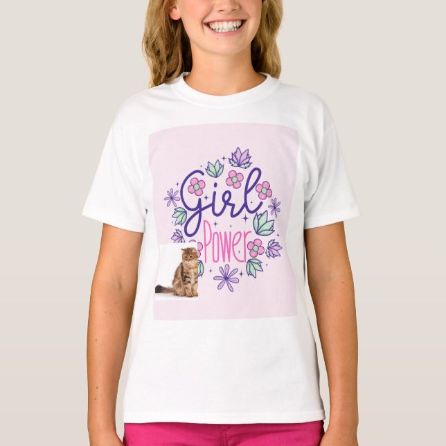 Katze und Mädchen-Power-Design T-Shirt (Vorderseite)