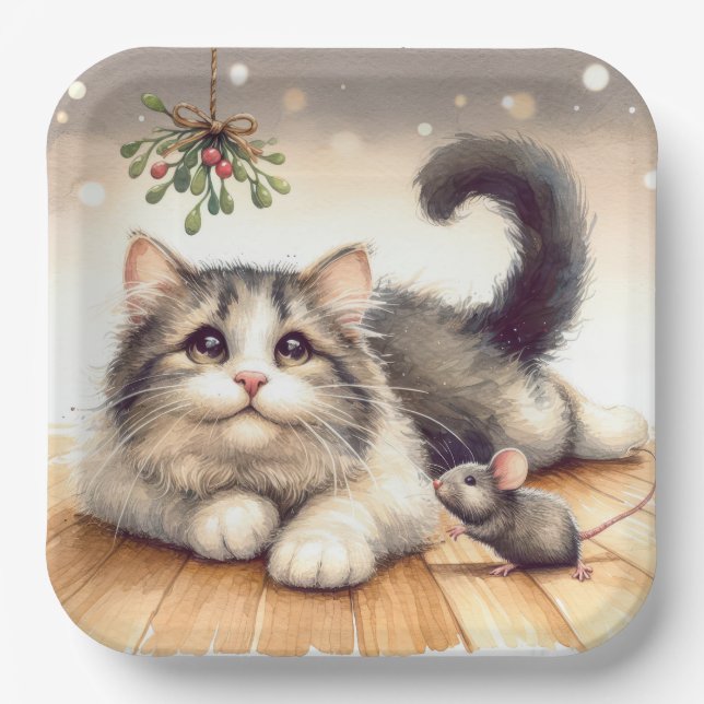 Katze und Maus mit Mistletoe Pappteller (Vorderseite)