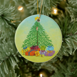 Katze und Maus Weihnachtsrund Keramik Ornament