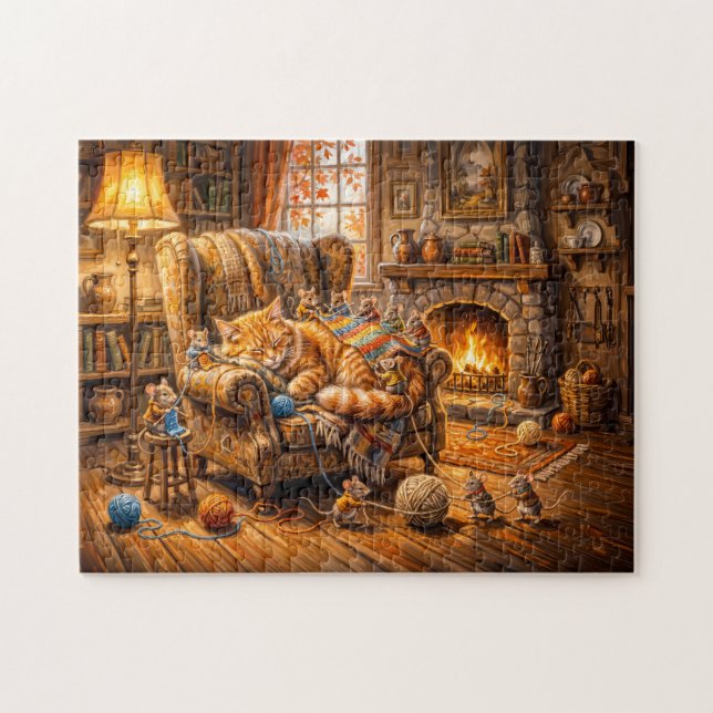 Katze und Mäuse gemütliche Strickszene (Horizontal)