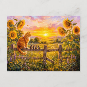 Katze und Mäuse Sonnenuntergang Zaunblick Postkarte