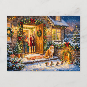 Katze und Mäuse Weihnachts-Türszene Postkarte