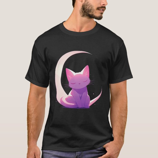 Katze und Mond (lila) T-Shirt (Vorderseite)