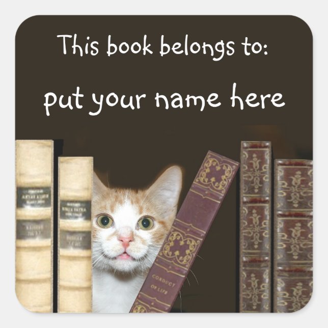 Katze und Name der Bücher Quadratischer Aufkleber (Vorderseite)