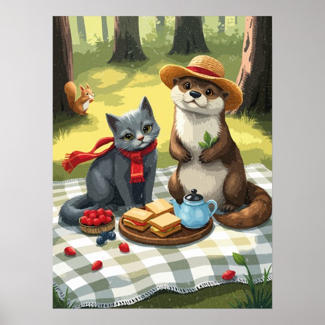 Katze und Oter mit einem Waldpicknick Poster (Vorne)