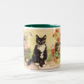 Katze und Pelargonien Zweifarbige Tasse