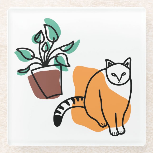 Katze und Pflanze Glasuntersetzer (Vorderseite)