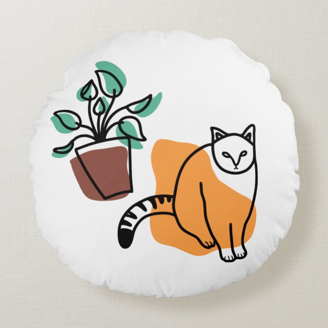 Katze und Pflanze Rundes Kissen (Vorderseite)