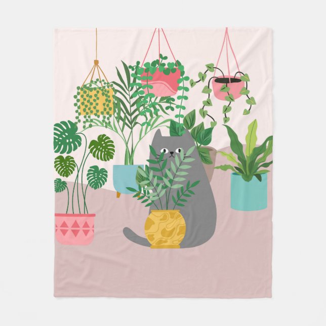 Katze und Pflanzen Fleecedecke (Vorderseite)