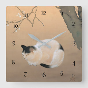 Katze und Pflaumenblüten von Hishida Shunso Quadratische Wanduhr