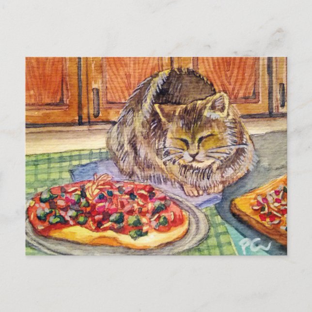 Katze und Pizza Postkarte (Vorderseite)