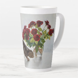 Katze und rote Rosen – realistische Ölbild-Druck Milchtasse