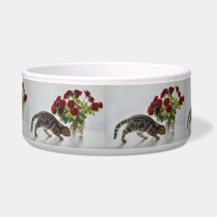 Katze und rote Rosen – realistische Ölbild-Druck Napf