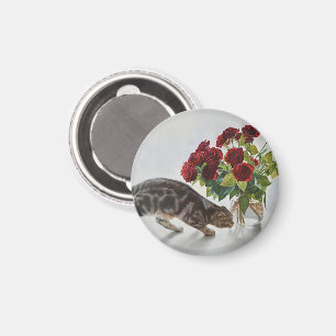 Katze und rote Rosen – Realistischer Ölbilddruck Magnet