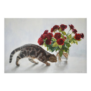 Katze und rote Rosen – Realistischer Ölmalerei-Dru Fotodruck