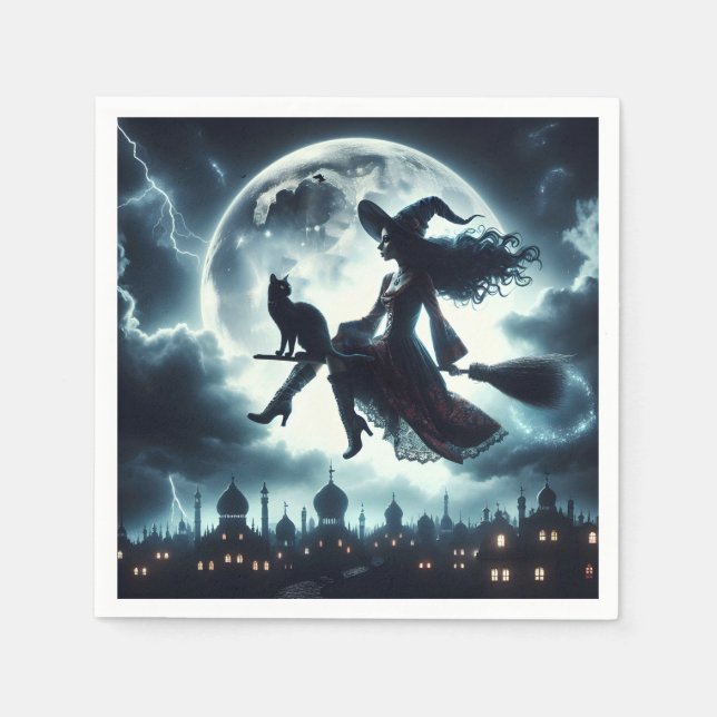 Katze und Rotzunge auf einem Broomstick Serviette (Vorderseite)