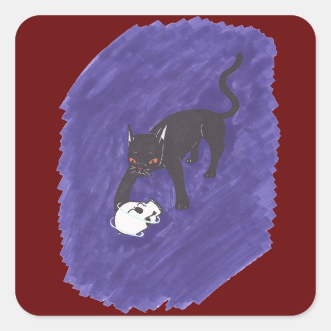 Katze und Schädel Quadratischer Aufkleber (Vorderseite)