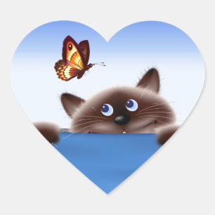 Katze und Schmetterling Herz-Aufkleber
